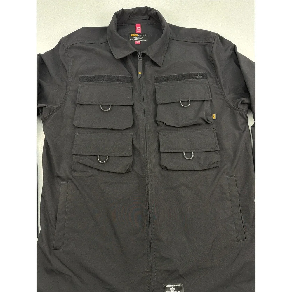 Alpha Industries Mens Full Zip Nylon Cargo Tactical Field Shirt Jacket Black 2XL